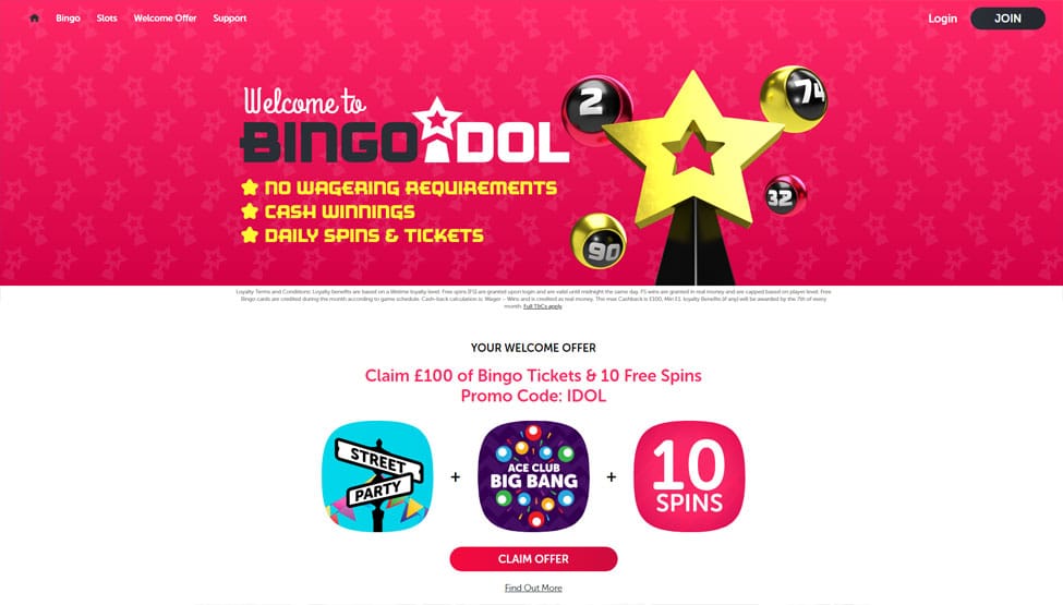 Bingo Idol – get £100 Bonus & 10 Free spins games and lobby